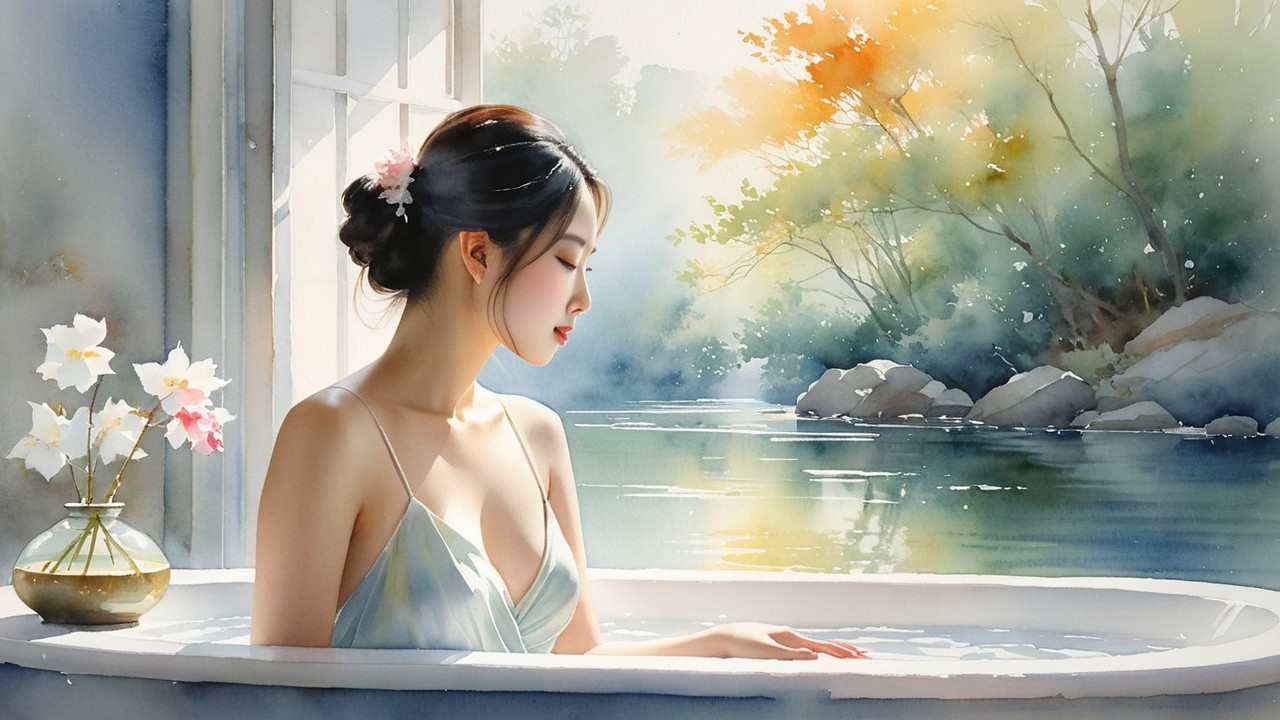 Watercolor Painting of Woman in Serene Bathtub Scene