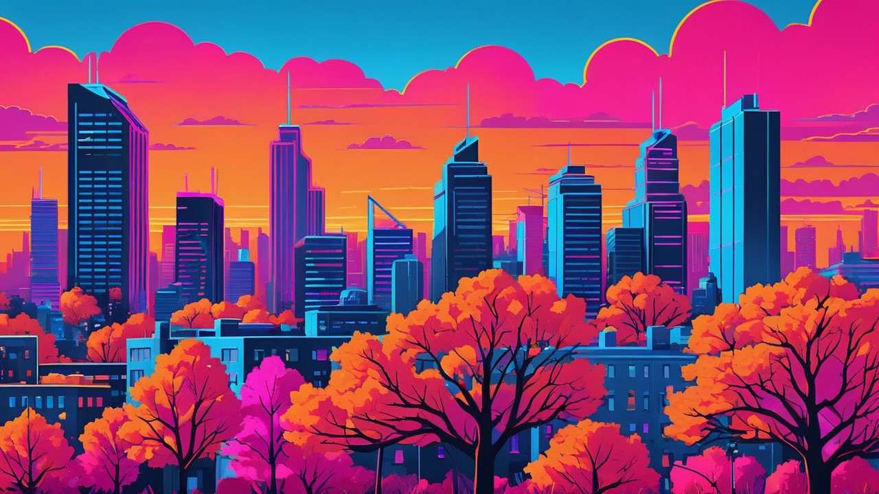 City skyline at sunset with autumn trees and colors