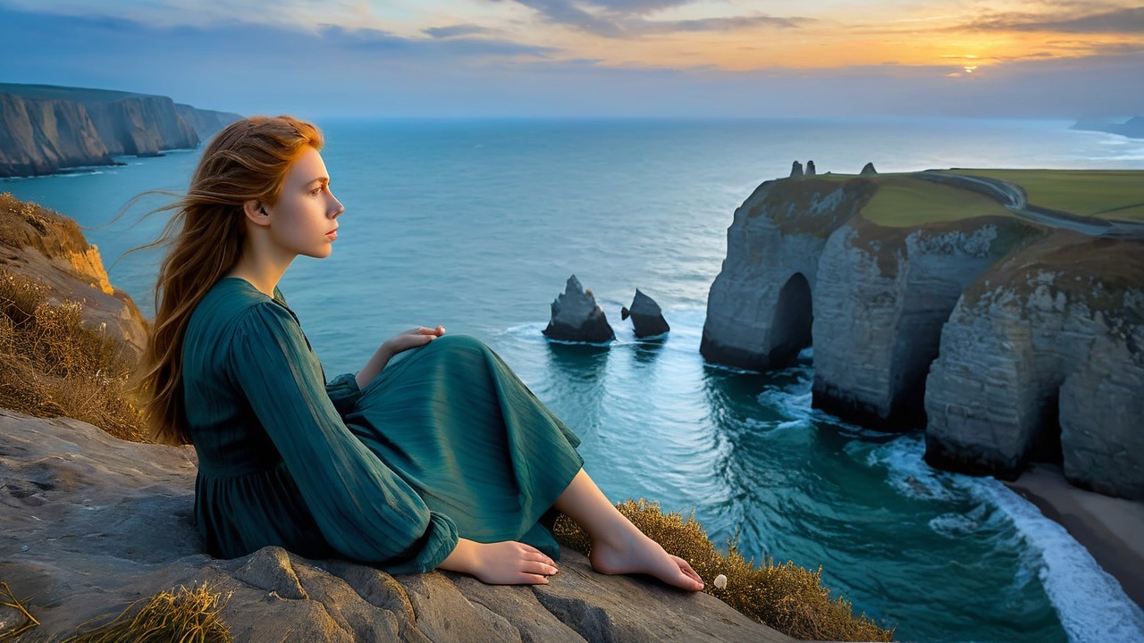 Young Woman in Green Dress by Ocean at Sunset
