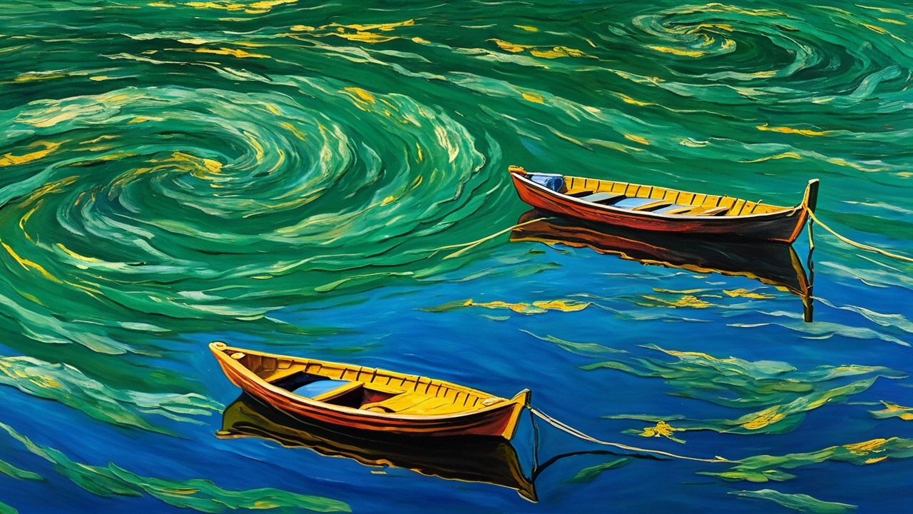 Wooden Boats on Colorful Water and Sky