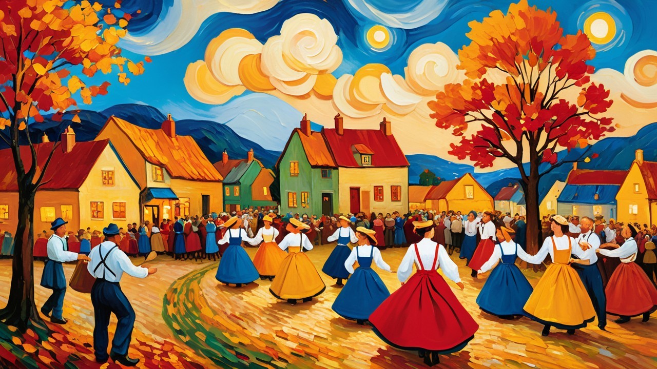 Vibrant Village Scene with Traditional Dance Celebration