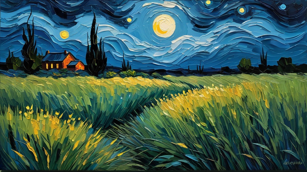 Vibrant Landscape with Golden Grass and Night Sky