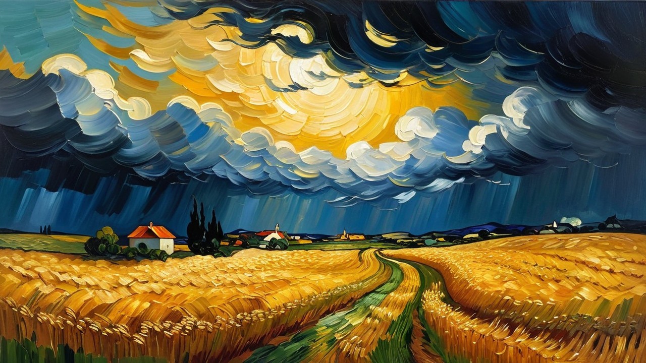 Vibrant Landscape of Wheat Fields and Dramatic Sky