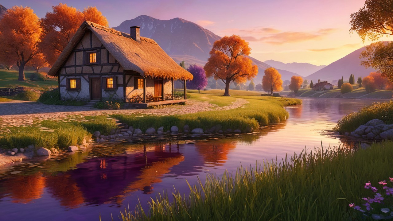 Thatched Cottage by Serene River at Sunset