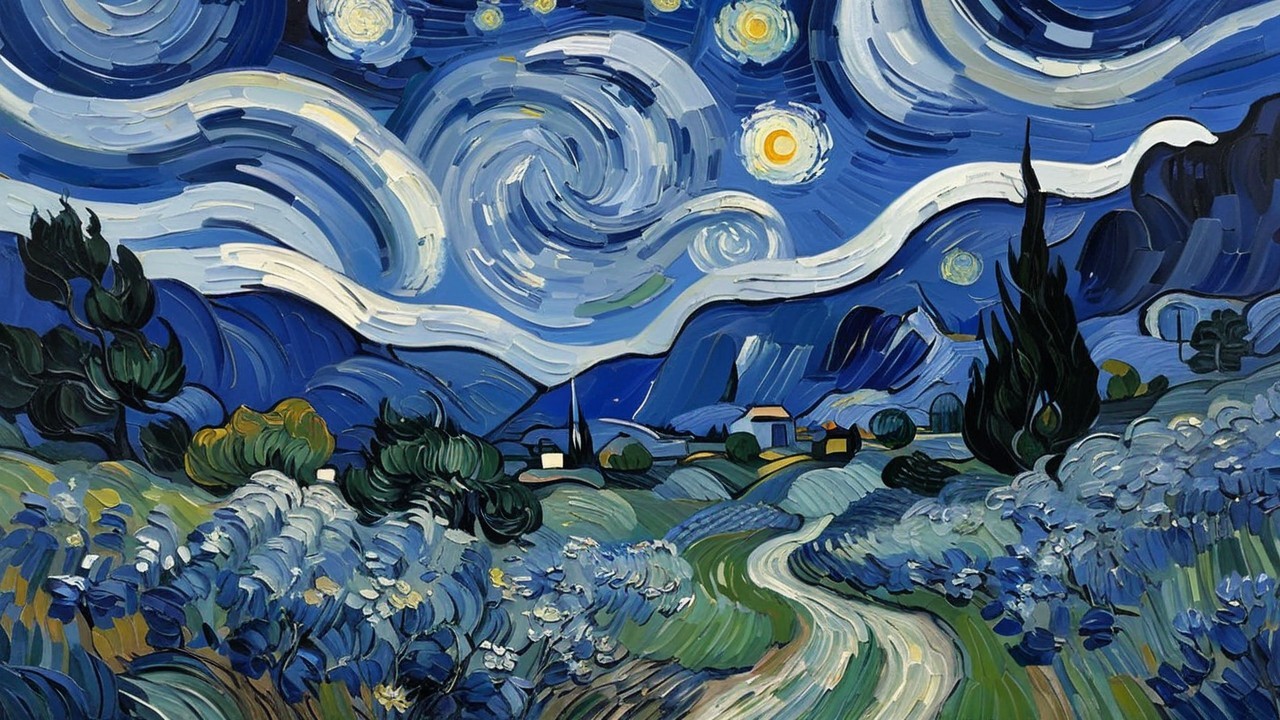 Swirling Night Sky Over a Tranquil Village Landscape