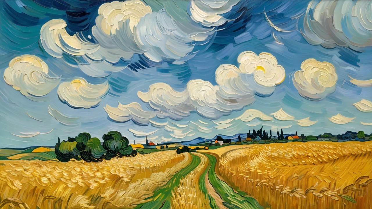Vibrant Landscape of Wheat Fields and Swirling Sky