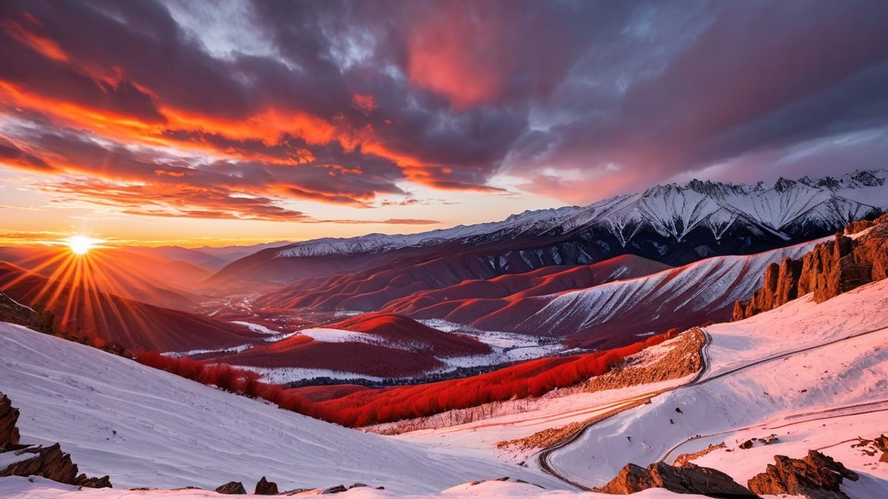 Stunning Sunrise Landscape with Snowy Mountains