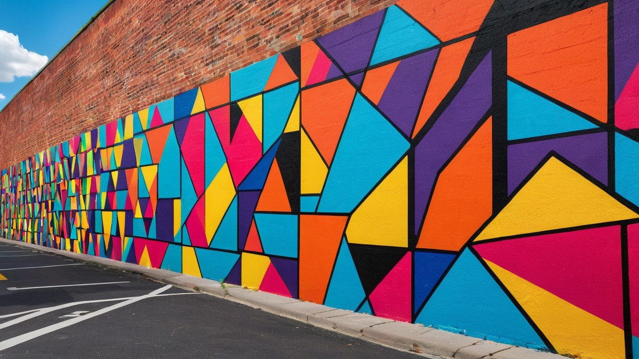 Vibrant Mural with Bold Geometric Shapes on Brick Wall