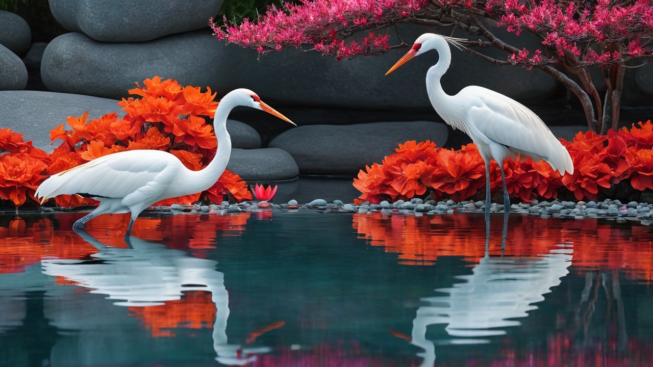 Elegant Herons by Tranquil Pond with Flowers