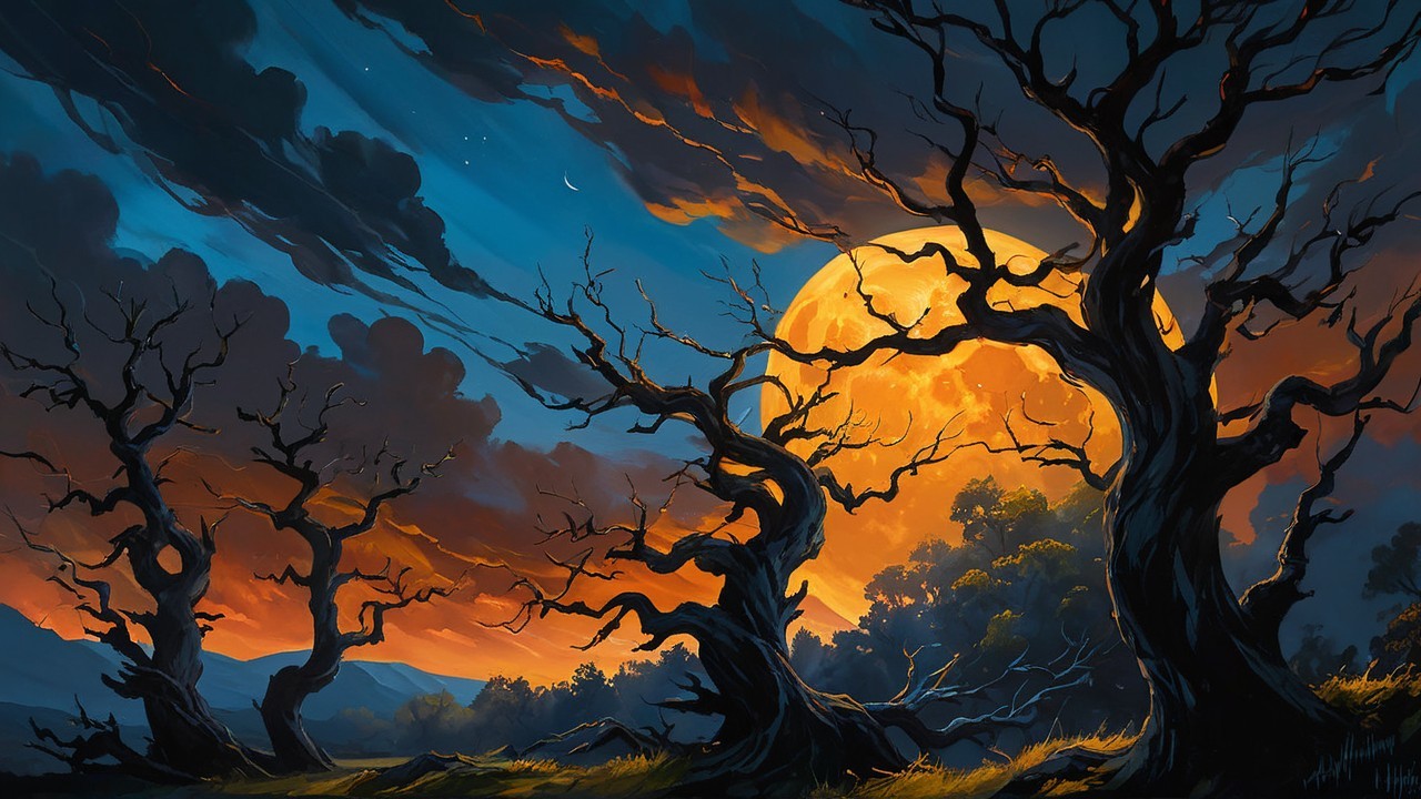 Dramatic Landscape with Silhouetted Trees and Sunset