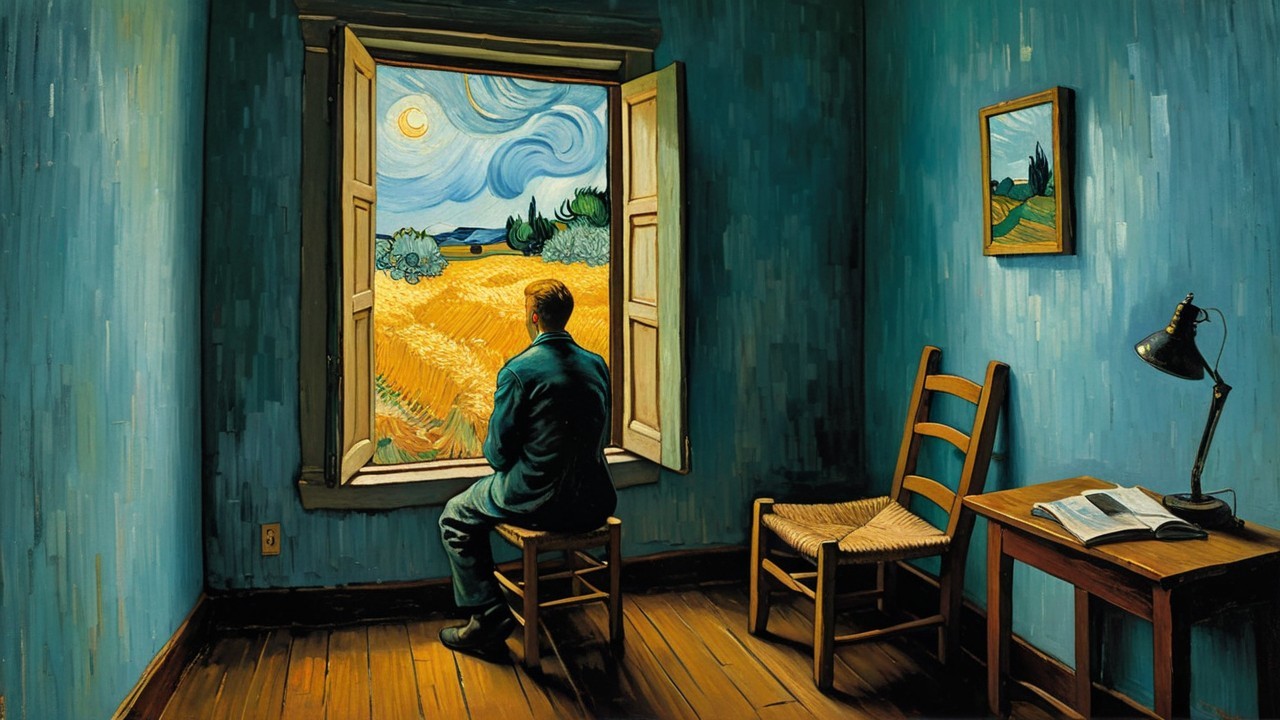 Solitary Figure in Blue Room Overlooking Vibrant Landscape