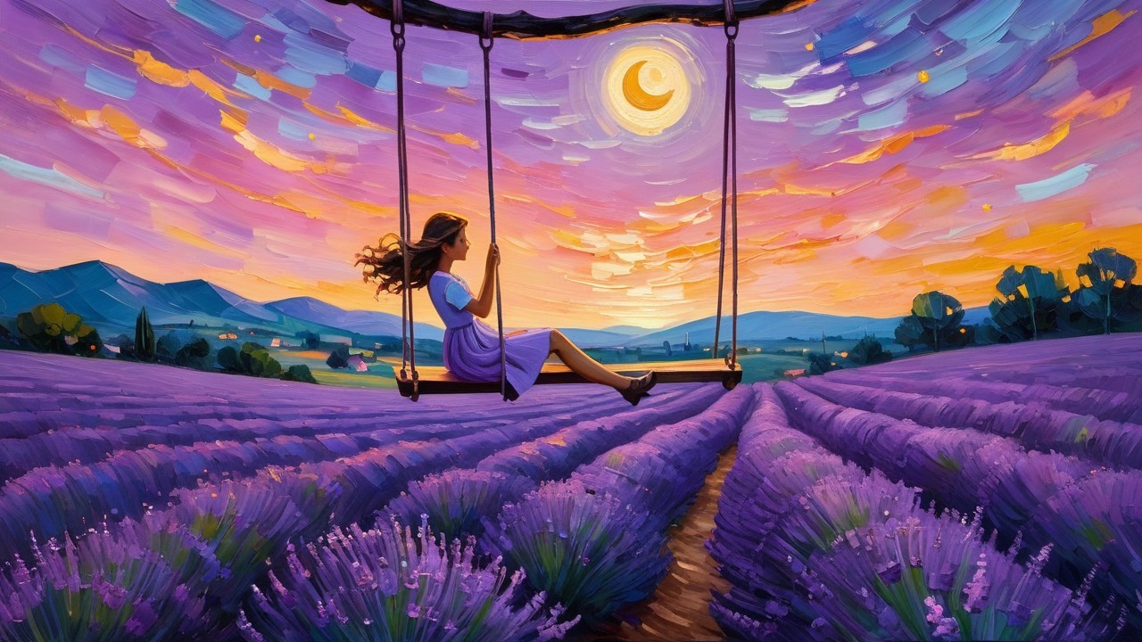 Lavender Field at Sunset with Swing and Moonrise