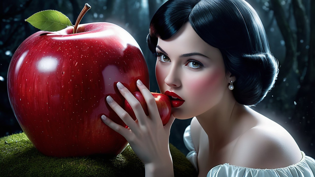 Woman in vintage style with apples in dark forest