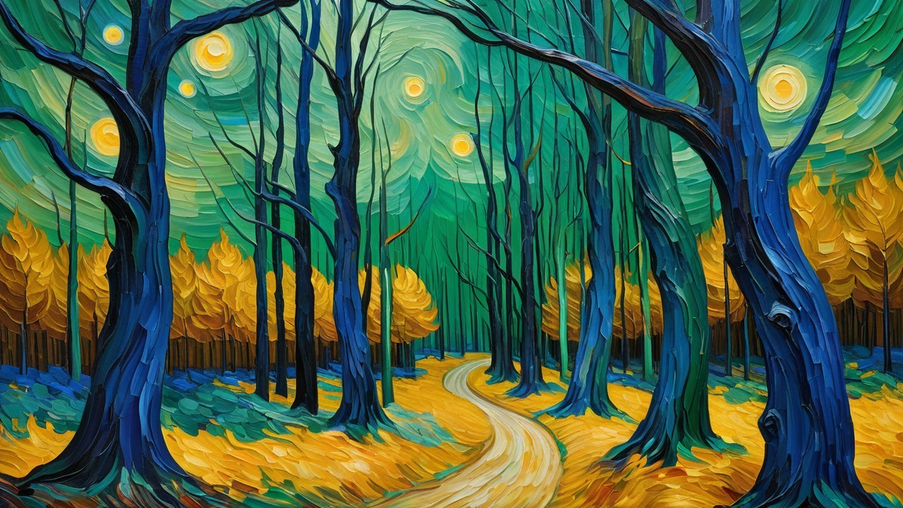 Dreamy Forest Scene with Vibrant Colors and Stars