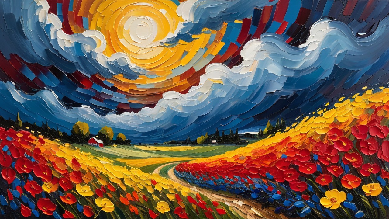 Vibrant Landscape with Colorful Flower Fields and Hills