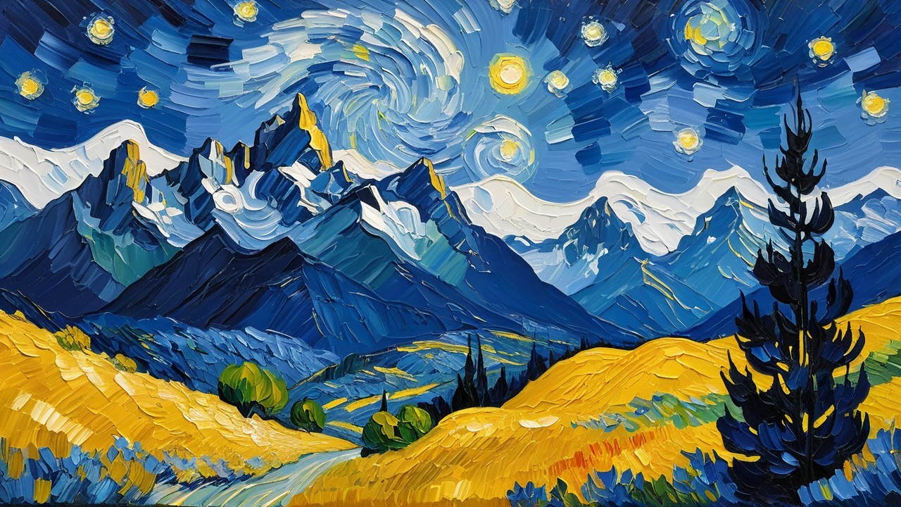 Impasto Painting of Sky, Mountains, and Hills