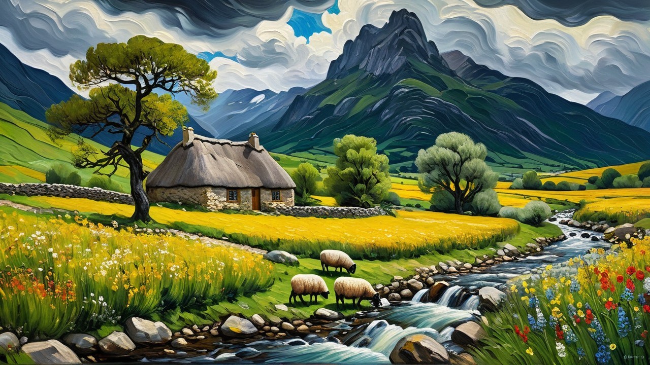 Picturesque Countryside Scene with Cottage and Mountains