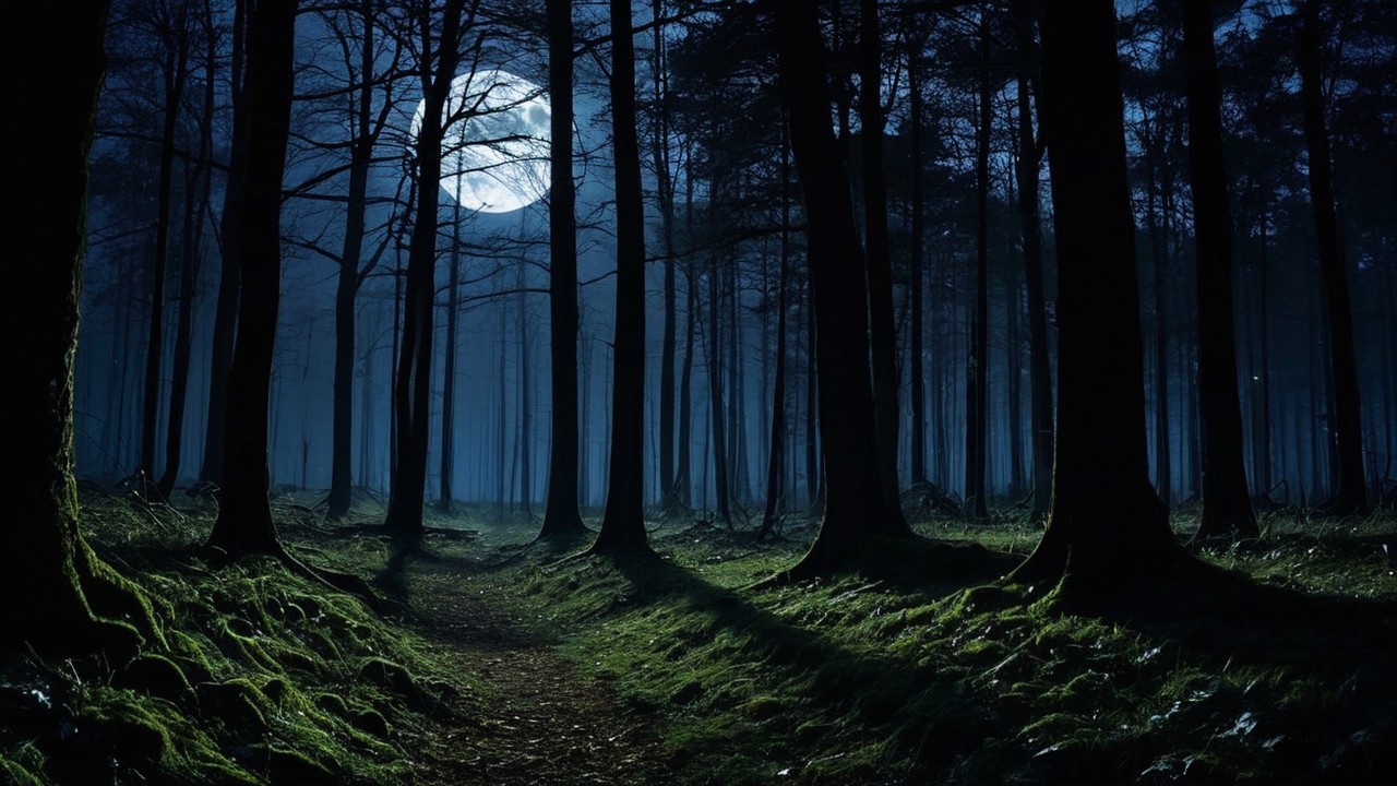 Mysterious Forest Under Bright Full Moonlight
