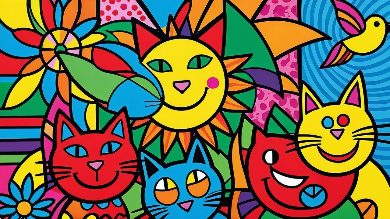 Whimsical Cat Artwork with Colorful Floral Background