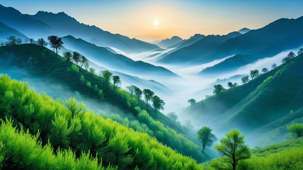 Aerial View of Misty Valleys and Lush Green Hills