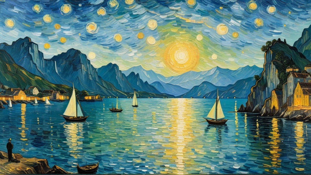 Mediterranean Landscape Oil Painting with Boats and Mountains