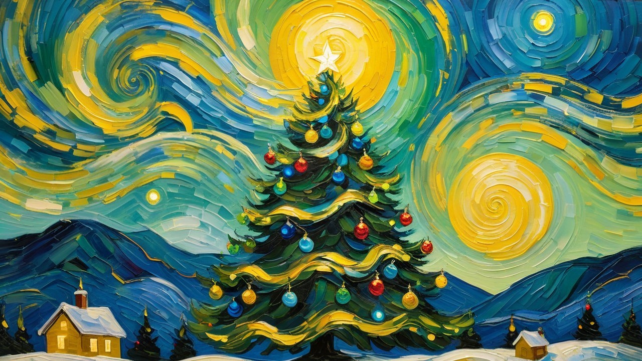 Impressionistic Christmas Tree Painting with Night Sky