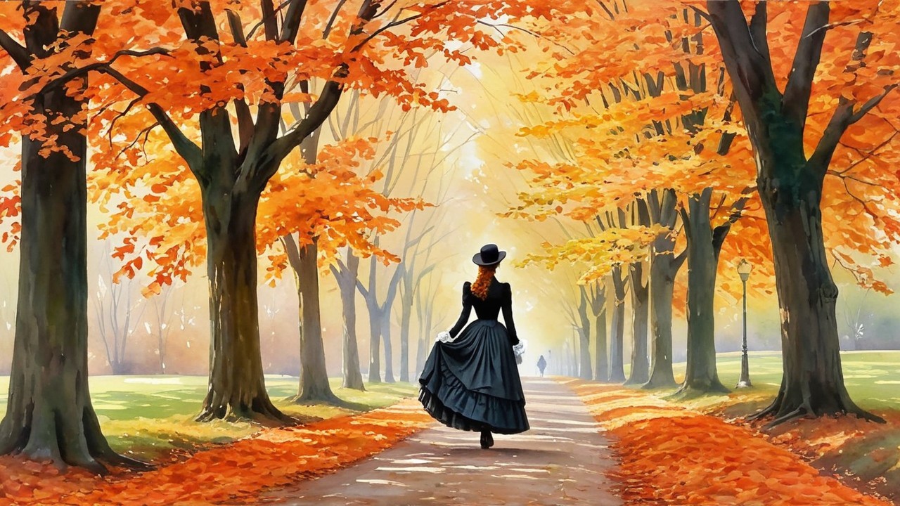 Woman in Black Dress on Autumn Pathway