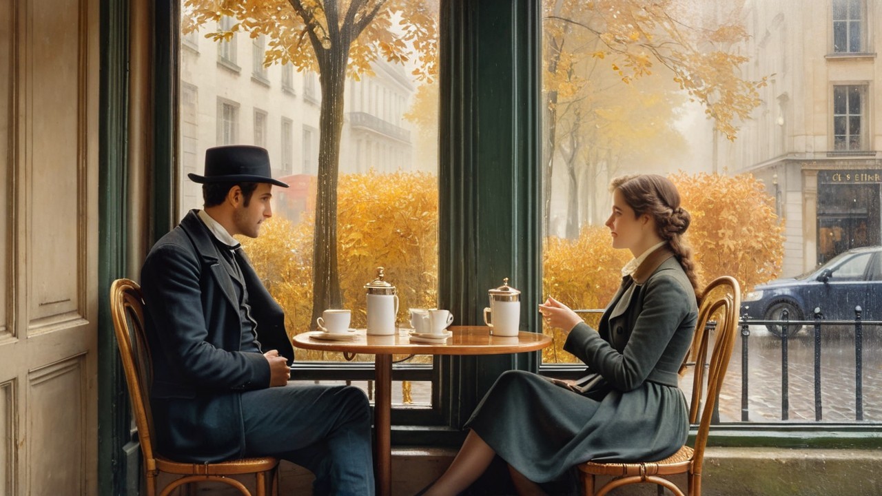 Cozy café scene with autumn leaves and rain