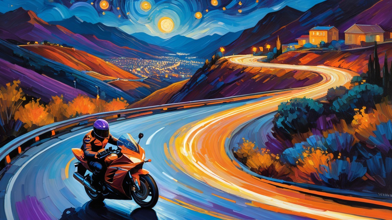 Motorcyclist on a Nighttime Mountain Road Scene