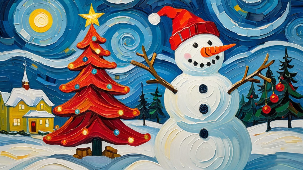 Snowy Winter Scene with Snowman and Christmas Tree