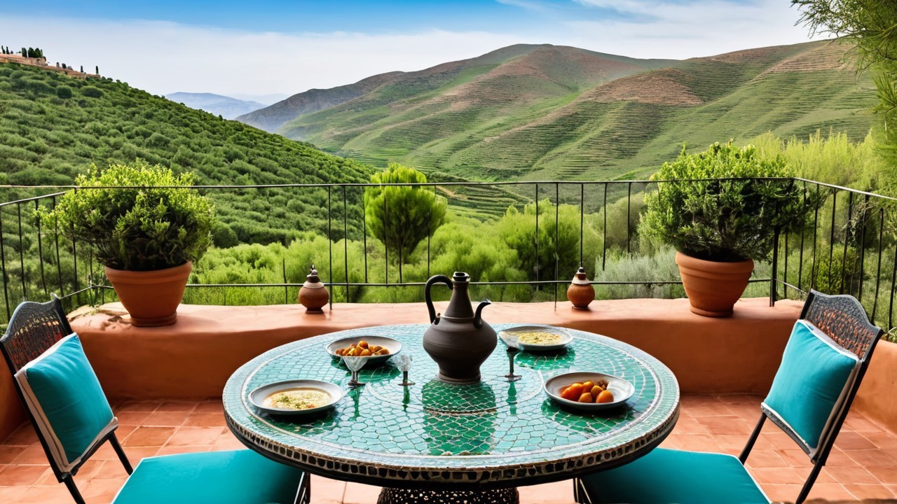 Outdoor Dining Area with Turquoise-Tiled Table and Hills