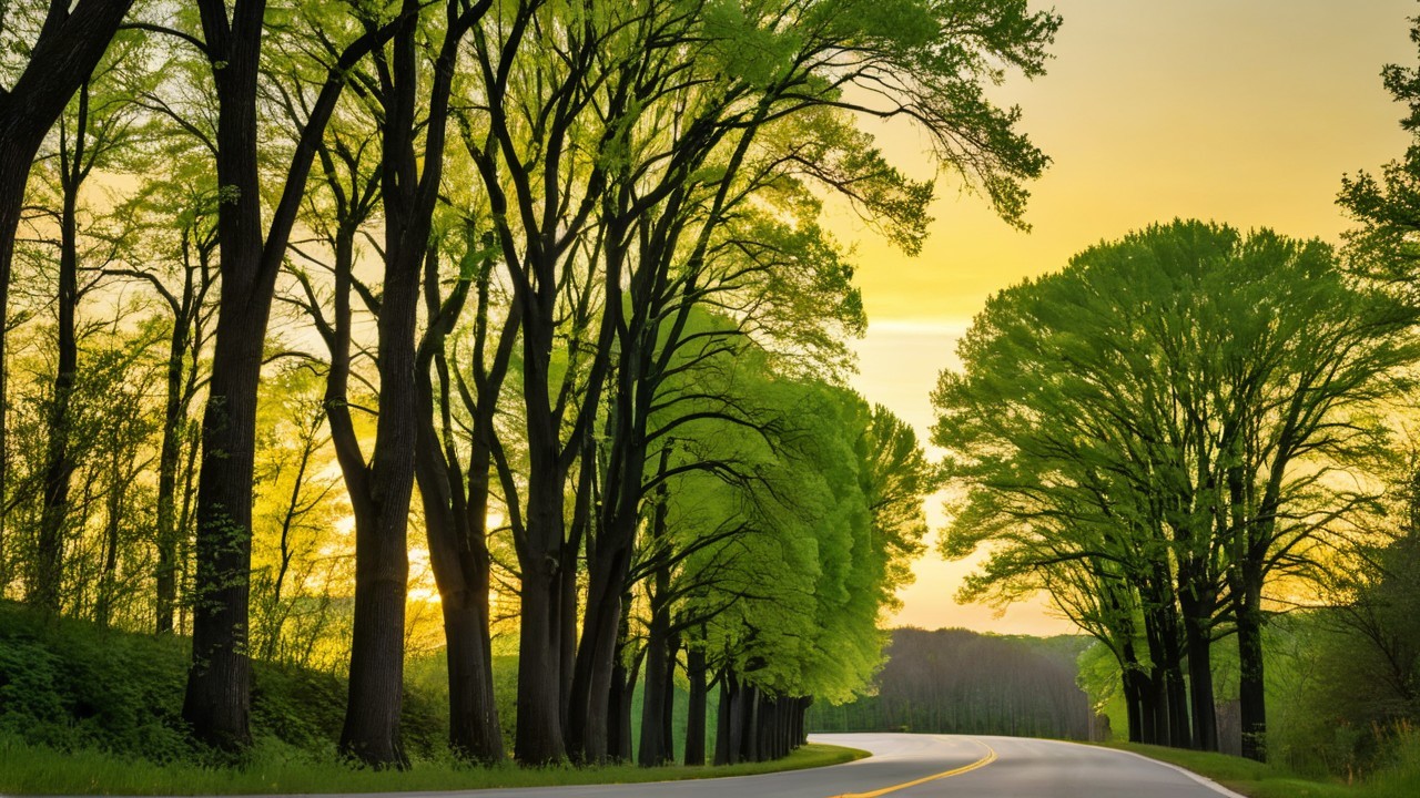 Serene Road Through Lush Landscape at Sunset