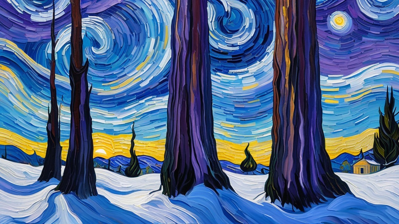 Night Sky with Trees and Snowy Landscape