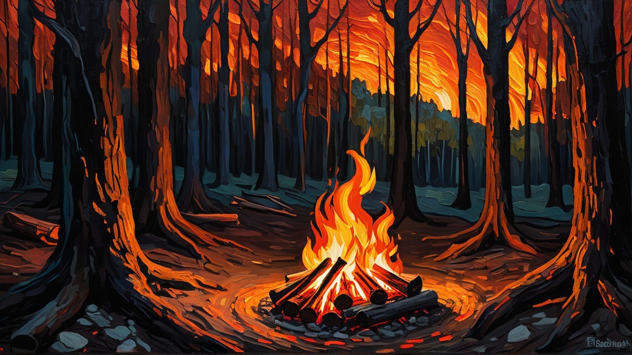Vibrant Twilight Forest Scene with Campfire Glow
