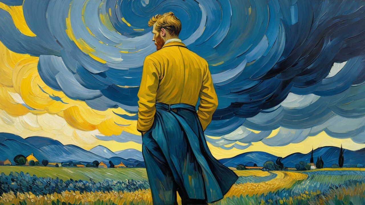 Figure in Yellow Coat Overlooking Vast Landscape