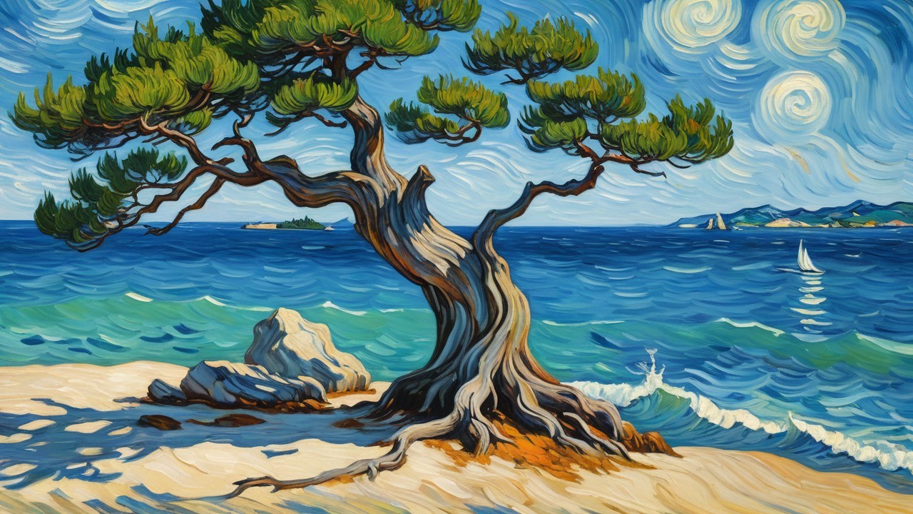 Old Gnarled Tree on Sunlit Beach with Rocks and Shadows