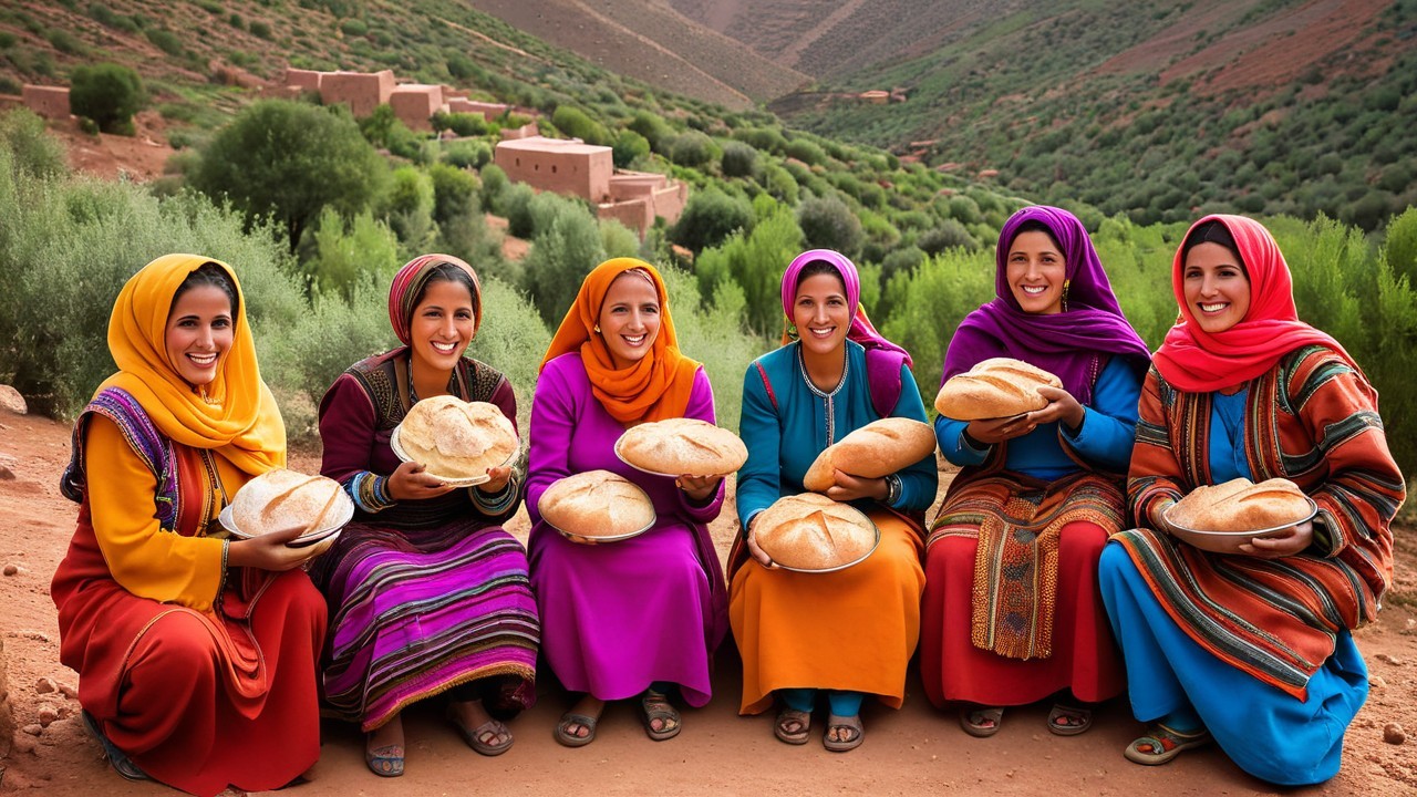 Women in Traditional Attire with Freshly Baked Bread