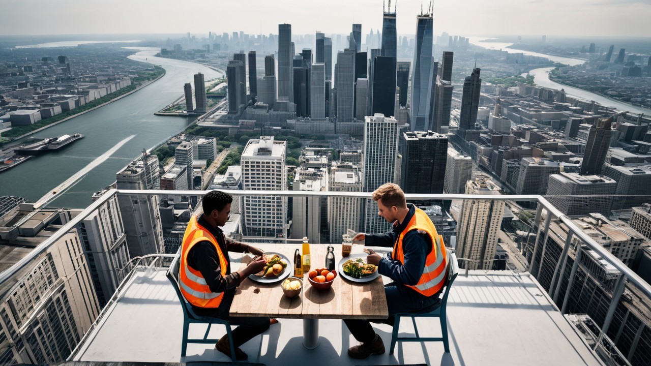 Construction Workers Lunching on Urban Ledge with Skyline