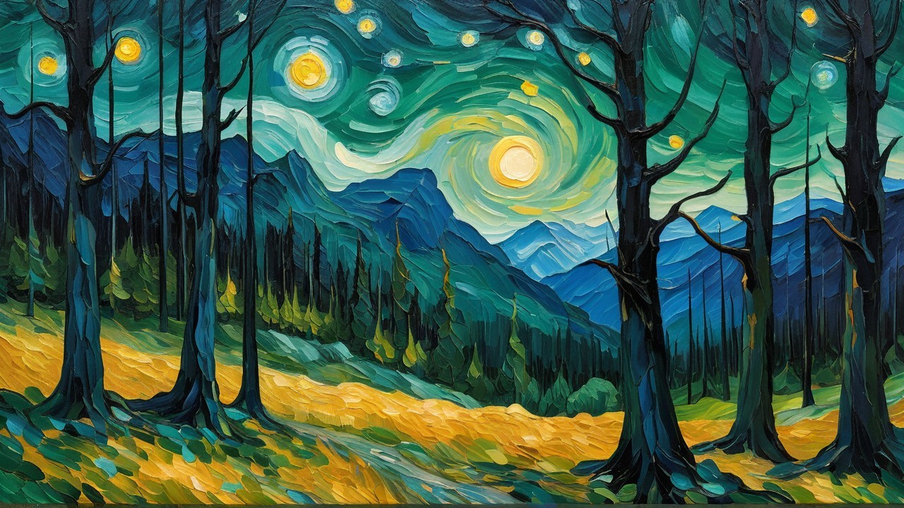 Vibrant Night Forest with Full Moon and Swirling Sky
