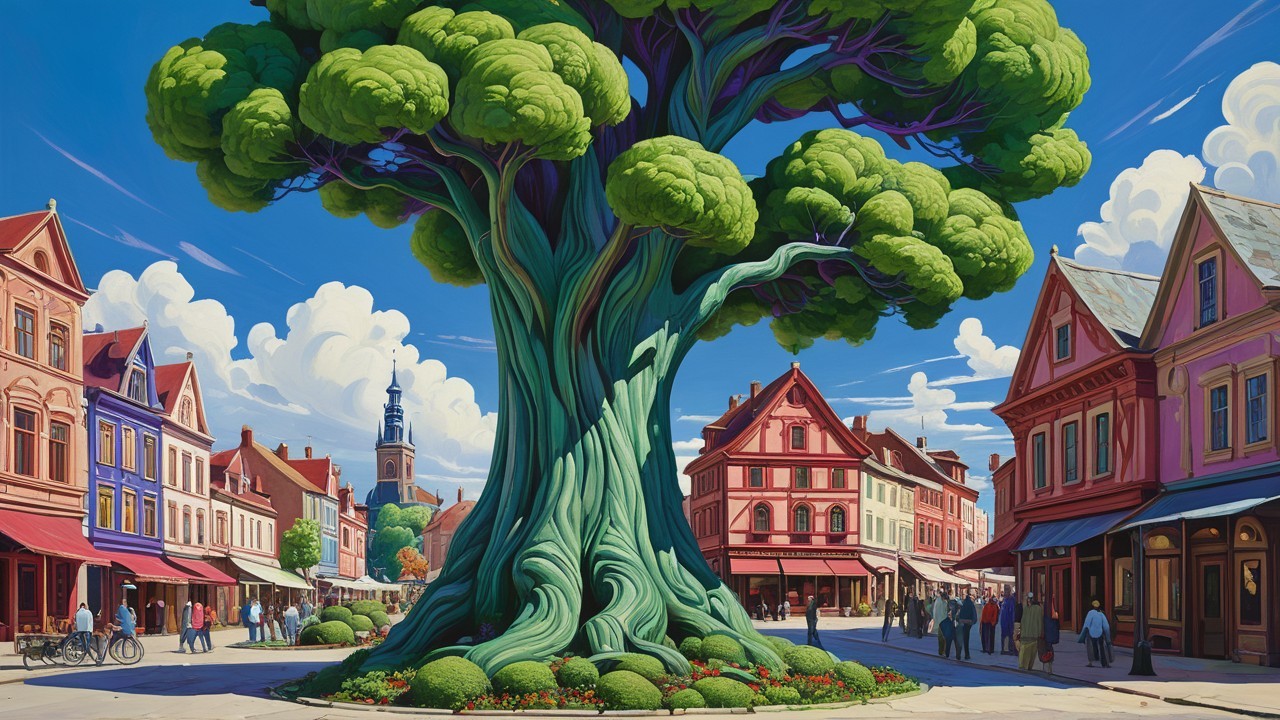 Vibrant Anime-Style Town Square with Ancient Tree