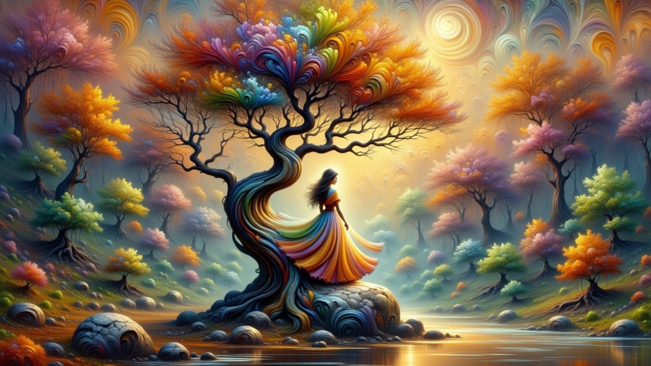 Surreal Landscape with Colorful Tree and River