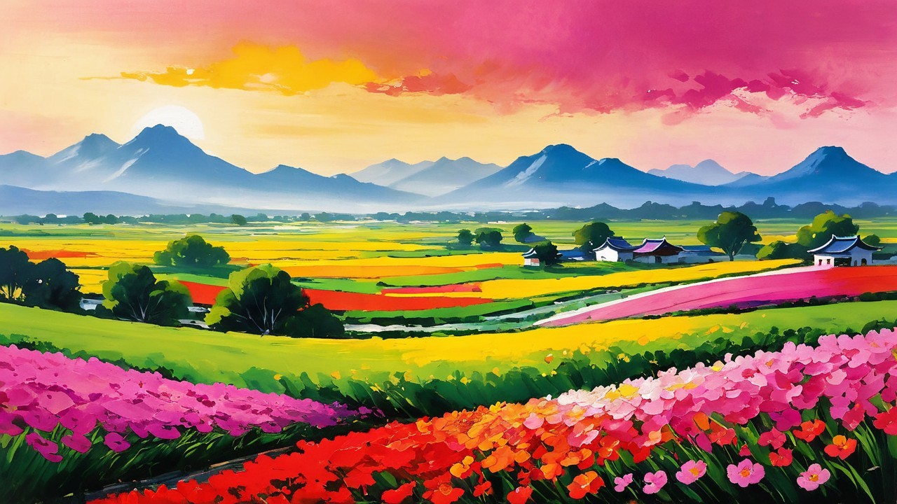 Impressionistic Sunrise Over Colorful Mountain Landscape