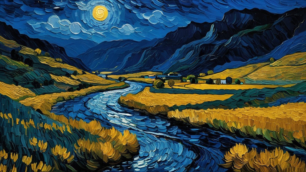 Twilight Landscape with River and Rolling Hills