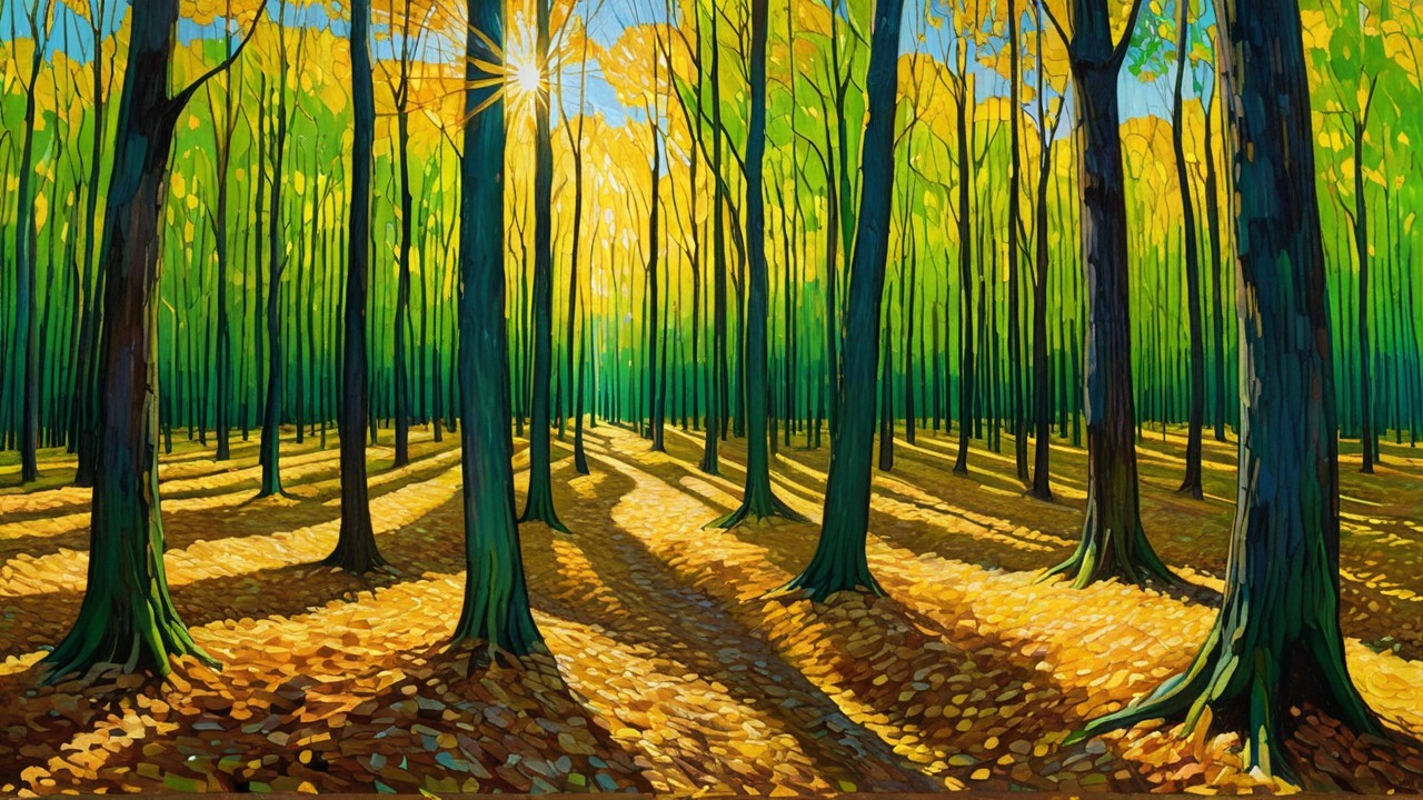 Vibrant Forest Scene with Golden Sunlight and Leaves