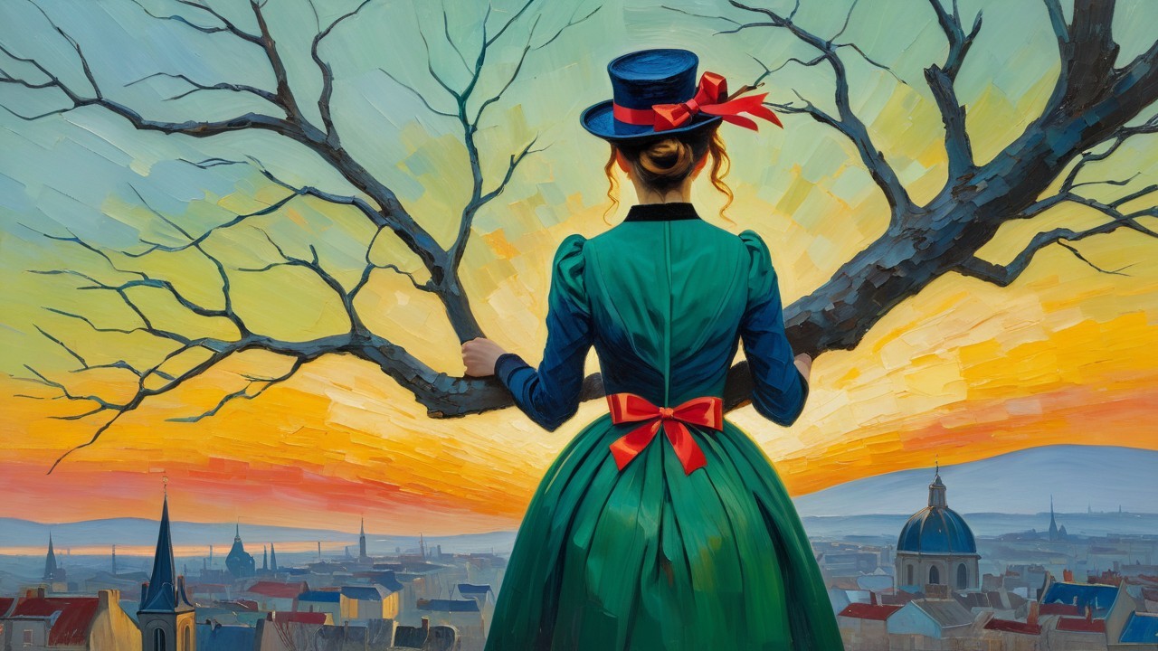 Woman in Green Dress Watching Sunset Over Town