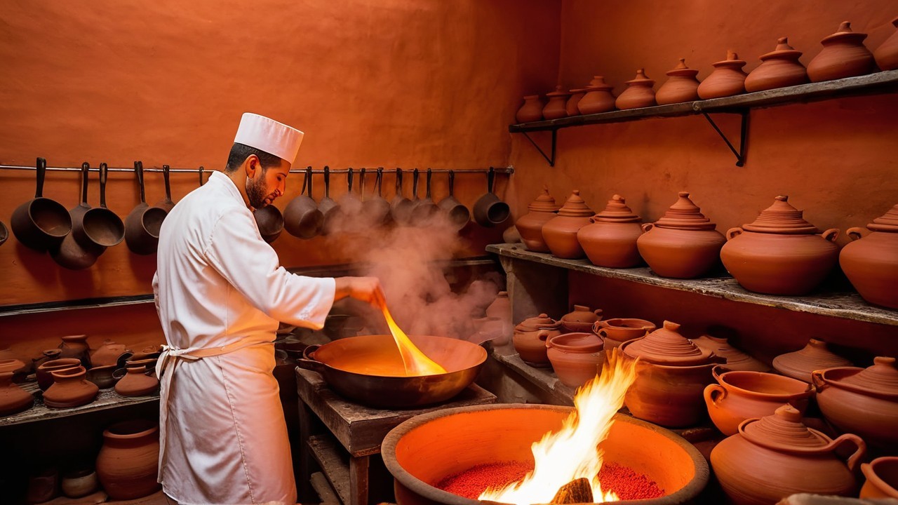Traditional Chef in Rustic Kitchen with Clay Oven