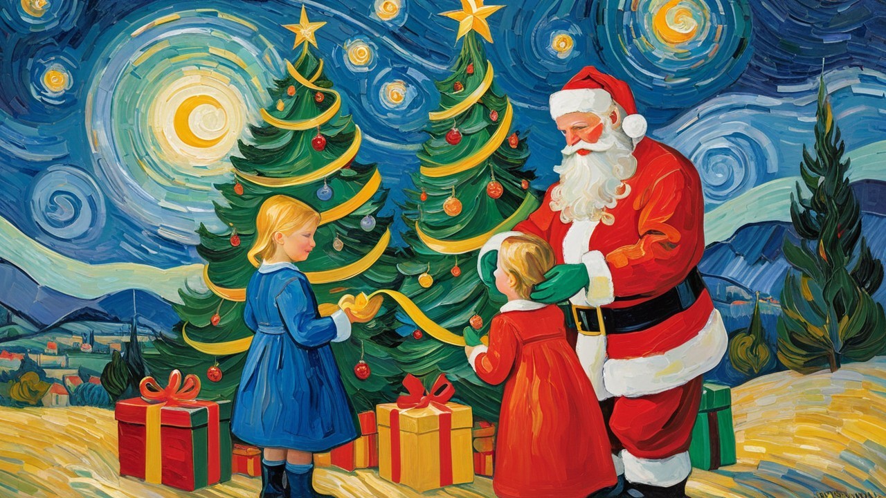 Santa Claus with Children by Christmas Trees in Van Gogh Style