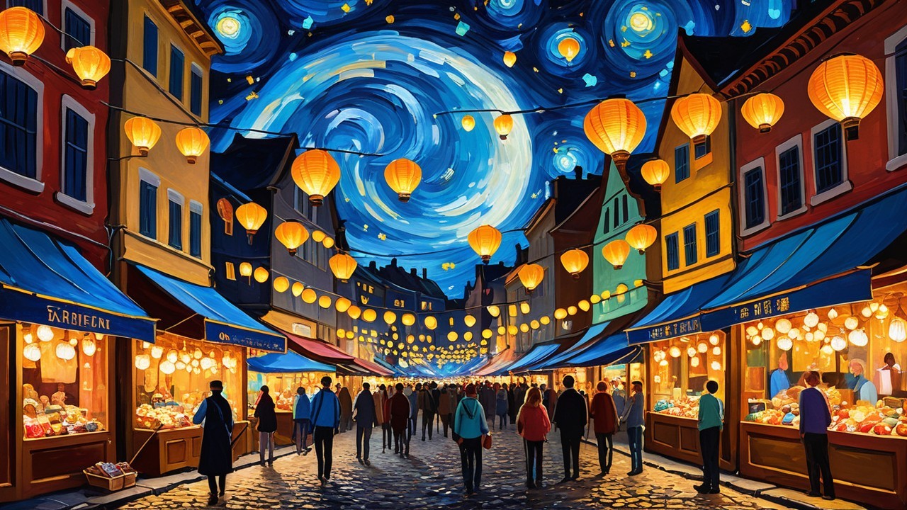 Vibrant Night Market with Lanterns and Starry Sky