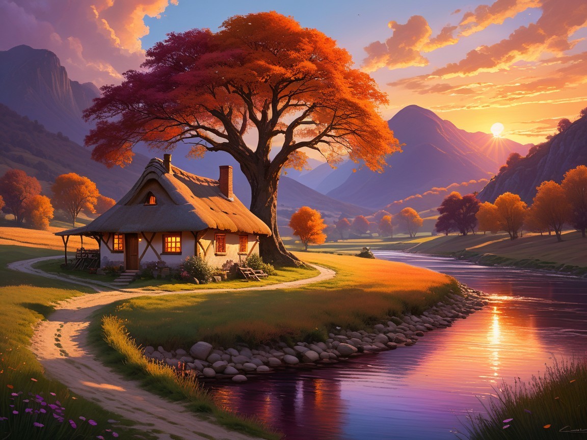 Cottage by River Surrounded by Autumn Foliage and Mountains