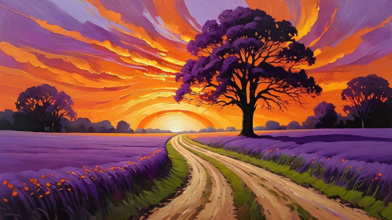Winding Dirt Road Through Lavender Field at Sunset